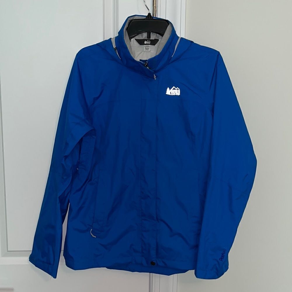 REI Co-Op Blue Womens Full Zip Pockets Long Sleeve hooded waterproof jacket M